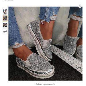 HIRIRI Womens Slip On Sneakers Platforms Crystal Rhinestone Loafers Shoes Low To